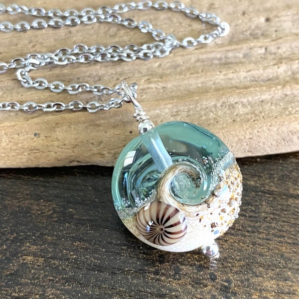 Clear Beach Wave Necklace, Beach Pendant, Beach Necklace, Lampwork Necklace, Ocean Pendant, Stainless Steel Chain, Beach Jewelry