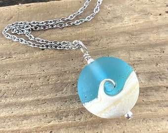 Beach Wave Necklace, Wave Pendant, Beach Necklace, Lampwork Necklace, Ocean Pendant, Seafoam