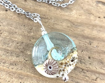 Clear Beach Wave Necklace, Wave Pendant, Beach Necklace, Lampwork Necklace, Ocean Pendant