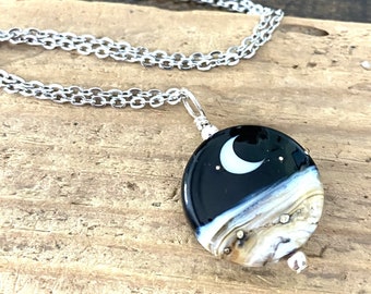 Crescent Moon Necklace, Moon Pendant, Moon Necklace, Lampwork Glass Necklace, Stainless Steel Chain