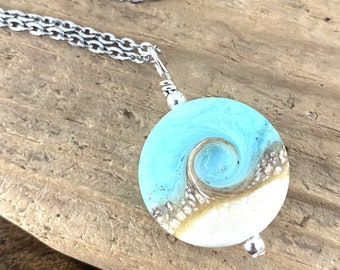 Pale Blue Beach Wave Necklace, Wave Pendant, Beach Necklace, Lampwork Necklace, Ocean Pendant