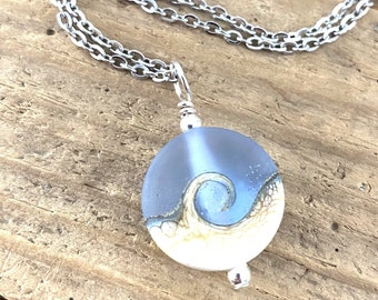 Beach Necklace, Wave Pendant, Small Ocean Necklace, Lampwork Necklace, Beach Lover Gift, One (1) Pendant or Necklace