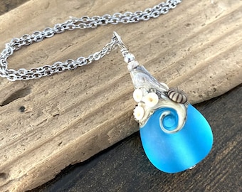 Beach Wave Necklace, Blue Teardrop Pendant, OOAK, Lampwork Glass Teardrop, Beach Jewelry, Artisan Handmade Glass Teardrop