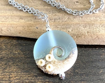 Beach Wave Necklace, Wave Pendant, Clear Frosted Beach Necklace, Lampwork Necklace, Ocean Pendant