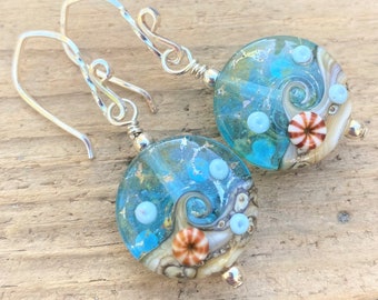 Beach Wave Glass Earrings, Lampwork Earrings, Sterling Silver Earrings, Blue Beachy Dangle Earrings
