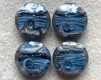 Beach Lampwork Beads, Blue Ocean Wave Glass Lentil Beads, Handmade Lampwork, Set of 4, Jewelry Supplies