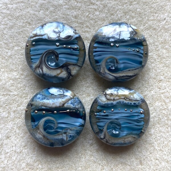 Beach Lampwork Beads, Blue Ocean Wave Glass Lentil Beads, Handmade Lampwork, Set of 4, Jewelry Supplies