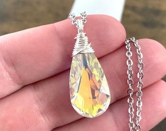 Aurora Borealis Necklace, Swarovski Crystal Necklace, Wire Wrapped Pendant, Teardrop Necklace, Rainbow Jewelry, Stainless Steel Chain