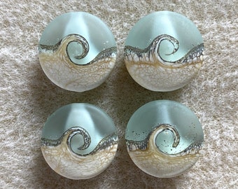 Lampwork Beads, Beach Wave Frosted Glass Lentil Beads, Handmade Lampwork Glass, Set of 4, Jewelry Supplies