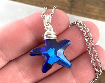 Starfish Necklace, Swarovski Bermuda Blue Crystal Pendant, Wire Wrapped Pendant, Beach Jewelry, Stainless Steel Chain