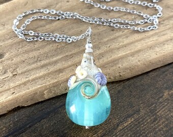 Large Beach Teardrop Necklace, OOAK Lampwork Glass Wave, Seafoam Green/Blue Pendant, Beach Jewelry, Artisan Handmade Glass Teardrop