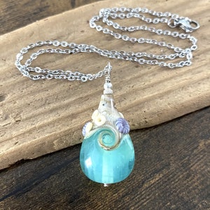 Large Beach Teardrop Necklace, OOAK Lampwork Glass Wave, Seafoam Green/Blue Pendant, Beach Jewelry, Artisan Handmade Glass Teardrop image 1