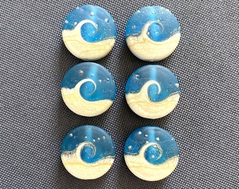 Lampwork Beads, Ocean Blue Wave Frosted Glass Lentil Beads, Handmade Lampwork Glass, Set of 6, Jewelry Making Supplies