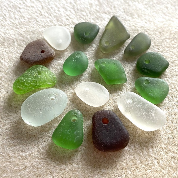 Genuine Seaglass Beads, Seaglass Pendants, Top Drilled Beach Glass, Set of 15, Jewelry Supplies, Real Sea Glass, Green, Brown, Clear