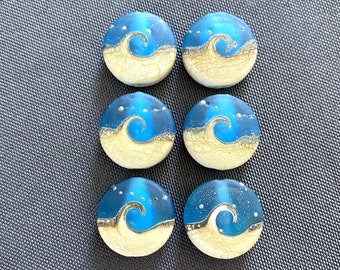 Lampwork Beads, Ocean Blue Wave Frosted Glass Lentil Beads, Handmade Lampwork Glass, Set of 6, Jewelry Supplies