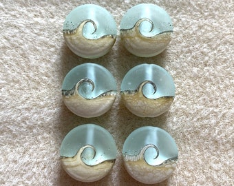 Lampwork Beads, Beach Wave Frosted Glass Lentil Beads, Handmade Lampwork Glass, Set of 6, Jewelry Supplies