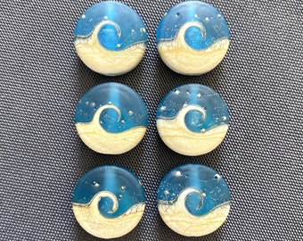 Lampwork Beads, Ocean Blue Wave Frosted Glass Lentil Beads, Handmade Lampwork Glass, Set of 6, Jewelry Making Supplies