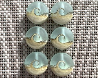 Lampwork Beads, Ocean Wave Frosted Glass Lentil Beads, Handmade Lampwork Glass, Set of 6, Jewelry Making Supplies