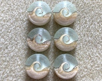 Beach Wave Beads, Lampwork Frosted Glass Lentil Beads, Handmade Artisan Glass, Set of 6, Jewelry Supplies