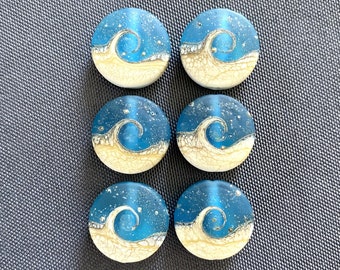 Beach Wave Beads, Ocean Blue Frosted Glass Lentil Beads, Handmade Lampwork Glass, Set of 6, Jewelry Supplies