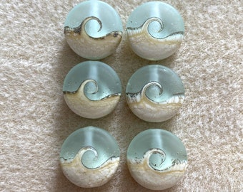 Lampwork Beads, Ocean Wave Frosted Glass Lentil Beads, Handmade Lampwork Glass, Set of 6, Jewelry Supplies