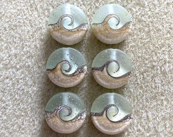 Beach Wave Beads, Lampwork Frosted Glass Lentil Beads, Handmade Artisan Glass, Set of 6, Jewelry Supplies