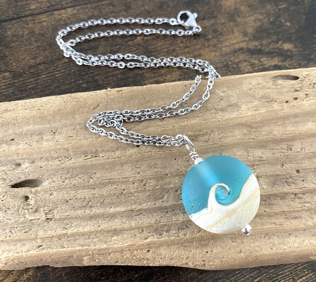 Beach Wave Necklace, Wave Pendant, Beach Necklace, Lampwork Necklace ...