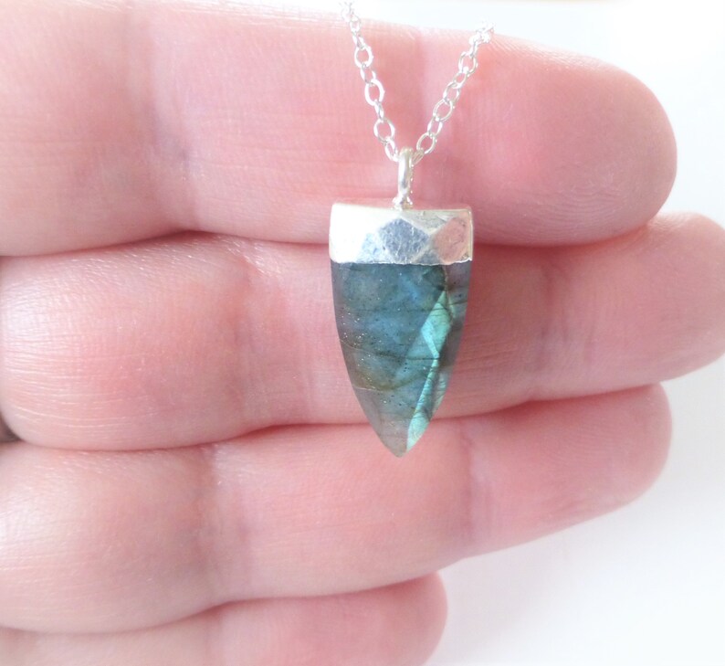 Small Blue Labradorite Pendant Necklace Sterling Silver Chain Electroplated Silver Pendant Gemstone Triangle Necklace Layering Necklace