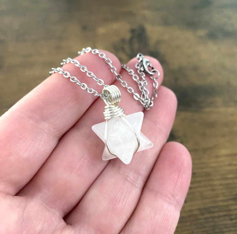 Small Quartz Necklace, ONE 1 Merkabah Star Necklace, Layering Necklace, White Stone Wire Wrapped Pendant, Stainless Steel Jewelry image 2