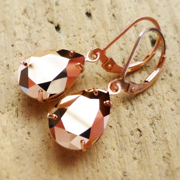 Rose Gold Earrings, Rose Gold Jewelry, 14K Rose Gold Leverbacks, Swarovski Crystal Rhinestone Teardrops, Bridesmaid Gift