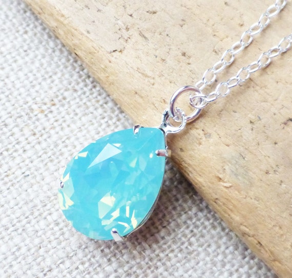 Seafoam Opal Swarovski Crystal Necklace Aqua Blue Teardrop - Swarovski Necklace Aqua Crystal Drop Pendant
