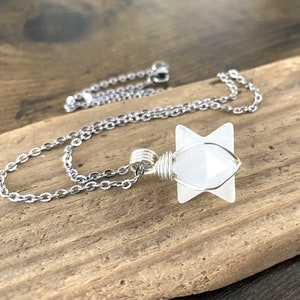 Small Quartz Necklace, ONE 1 Merkabah Star Necklace, Layering Necklace, White Stone Wire Wrapped Pendant, Stainless Steel Jewelry image 3