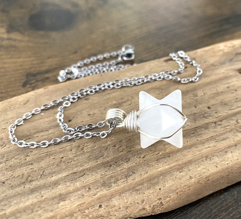 Small Quartz Necklace, ONE 1 Merkabah Star Necklace, Layering Necklace, White Stone Wire Wrapped Pendant, Stainless Steel Jewelry image 3