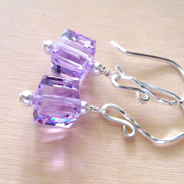 Lavender Purple Crystal Earrings, Swarovski Cube Earrings, Sterling Silver Dangle Earrings, JBMDesigns, Under 20, Fashion