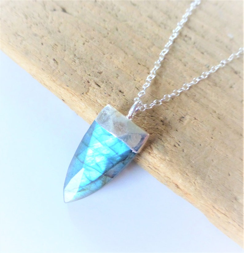 Small Blue Labradorite Pendant Necklace Sterling Silver Chain Electroplated Silver Pendant Gemstone Triangle Necklace Layering Necklace