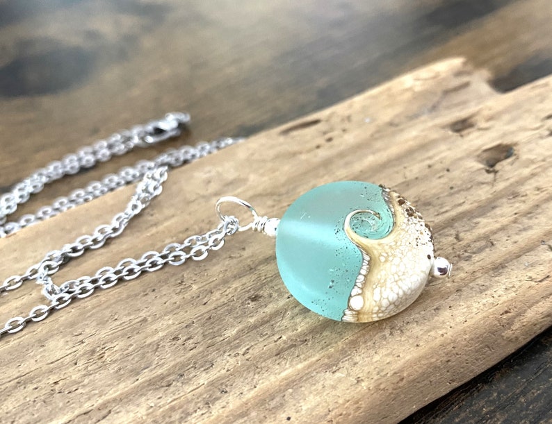 Seafoam Beach Wave Necklace, Wave Pendant, Beach Necklace, Lampwork Necklace, Ocean Pendant image 4