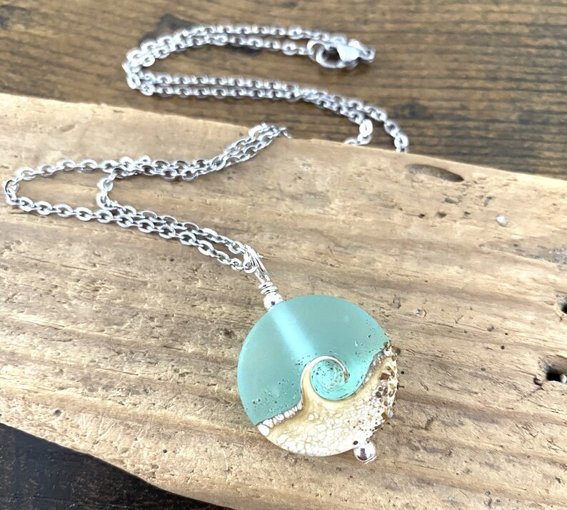 Seafoam Beach Wave Necklace, Wave Pendant, Beach Necklace, Lampwork Necklace, Ocean Pendant image 3