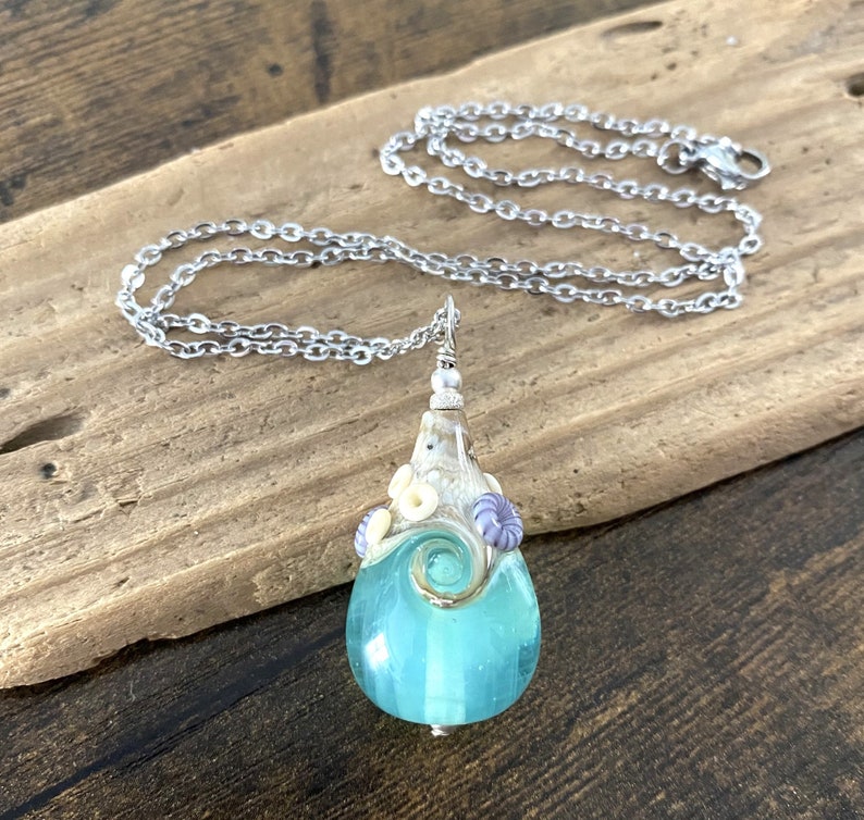 Large Beach Teardrop Necklace, OOAK Lampwork Glass Wave, Seafoam Green/Blue Pendant, Beach Jewelry, Artisan Handmade Glass Teardrop image 1