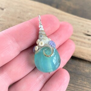 Large Beach Teardrop Necklace, OOAK Lampwork Glass Wave, Seafoam Green/Blue Pendant, Beach Jewelry, Artisan Handmade Glass Teardrop image 6