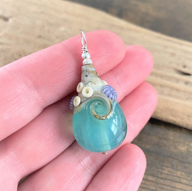 Large Beach Teardrop Necklace, OOAK Lampwork Glass Wave, Seafoam Green/Blue Pendant, Beach Jewelry, Artisan Handmade Glass Teardrop image 6