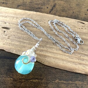 Large Beach Teardrop Necklace, OOAK Lampwork Glass Wave, Seafoam Green/Blue Pendant, Beach Jewelry, Artisan Handmade Glass Teardrop image 2