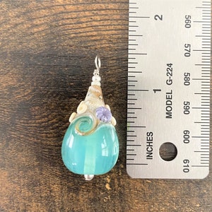 Large Beach Teardrop Necklace, OOAK Lampwork Glass Wave, Seafoam Green/Blue Pendant, Beach Jewelry, Artisan Handmade Glass Teardrop image 8