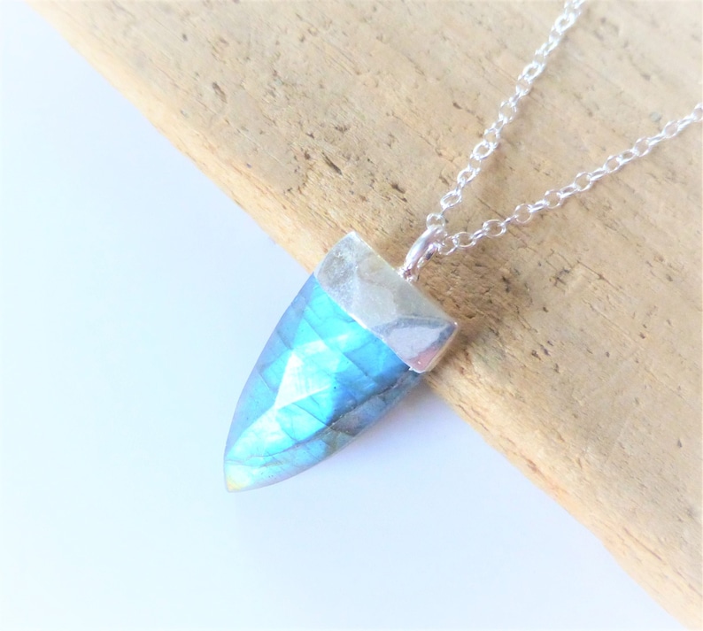 Small Blue Labradorite Pendant Necklace Sterling Silver Chain Electroplated Silver Pendant Gemstone Triangle Necklace Layering Necklace