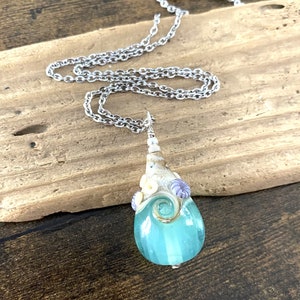 Large Beach Teardrop Necklace, OOAK Lampwork Glass Wave, Seafoam Green/Blue Pendant, Beach Jewelry, Artisan Handmade Glass Teardrop image 9