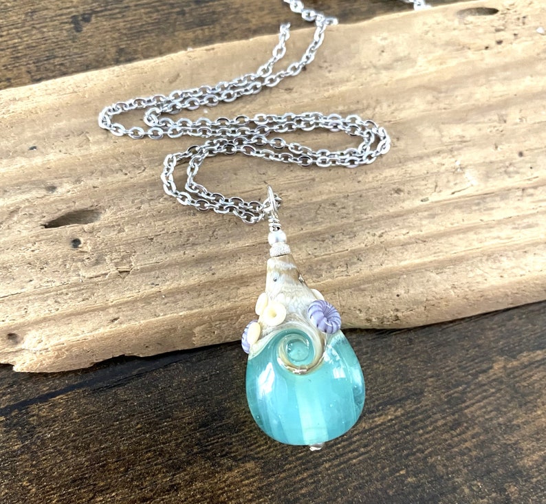 Large Beach Teardrop Necklace, OOAK Lampwork Glass Wave, Seafoam Green/Blue Pendant, Beach Jewelry, Artisan Handmade Glass Teardrop image 9