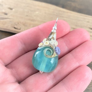 Large Beach Teardrop Necklace, OOAK Lampwork Glass Wave, Seafoam Green/Blue Pendant, Beach Jewelry, Artisan Handmade Glass Teardrop image 7