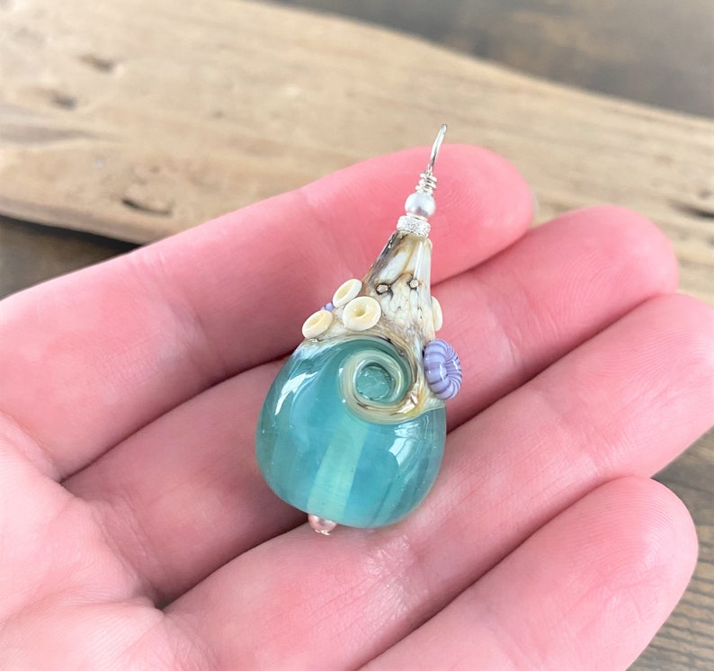 Large Beach Teardrop Necklace, OOAK Lampwork Glass Wave, Seafoam Green/Blue Pendant, Beach Jewelry, Artisan Handmade Glass Teardrop image 7