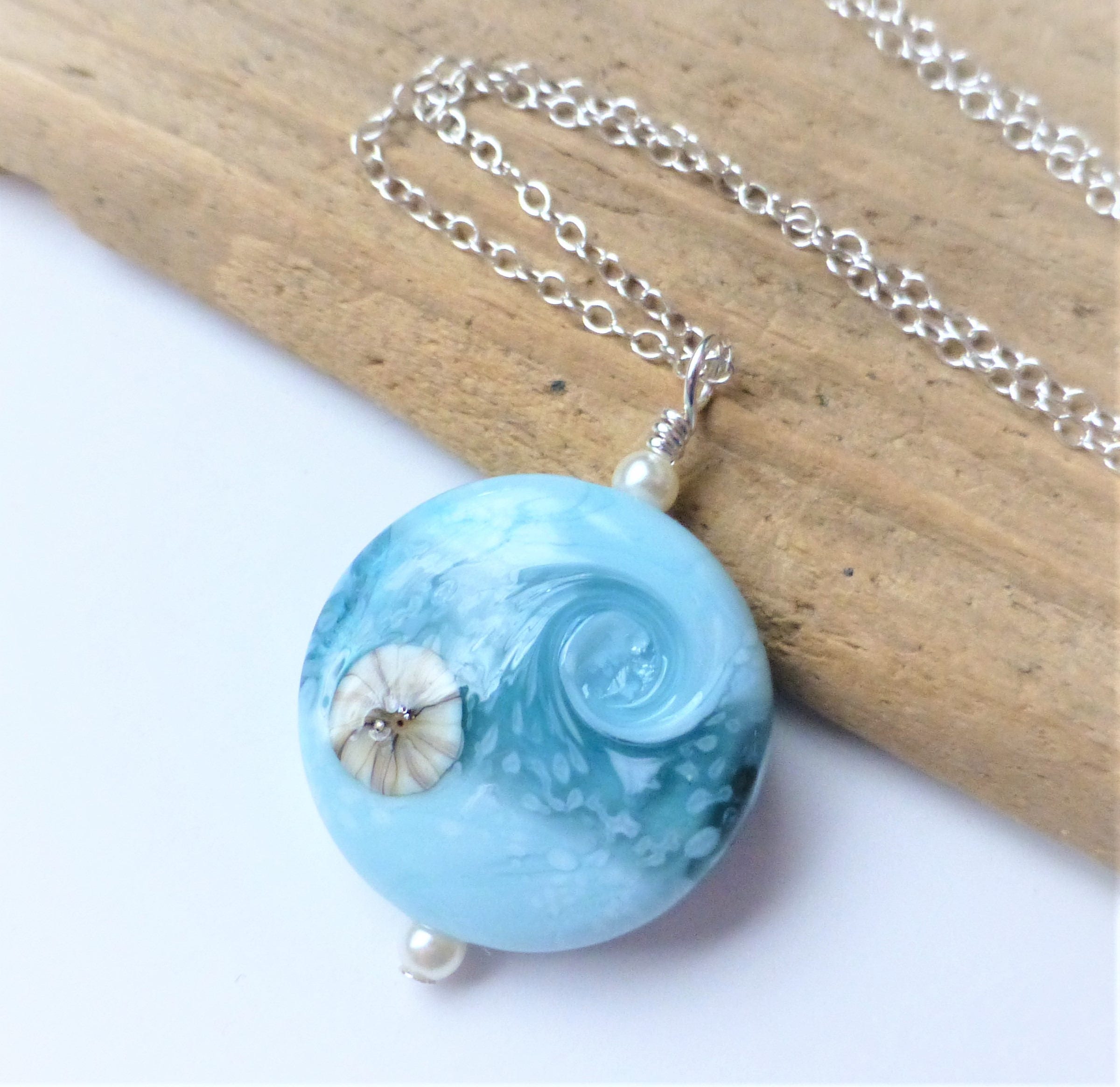 Blue Ocean Wave Beach Necklace Lampwork Glass Pendant Beach