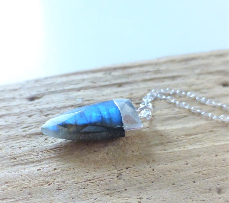 Small Blue Labradorite Pendant Necklace Sterling Silver Chain Electroplated Silver Pendant Gemstone Triangle Necklace Layering Necklace
