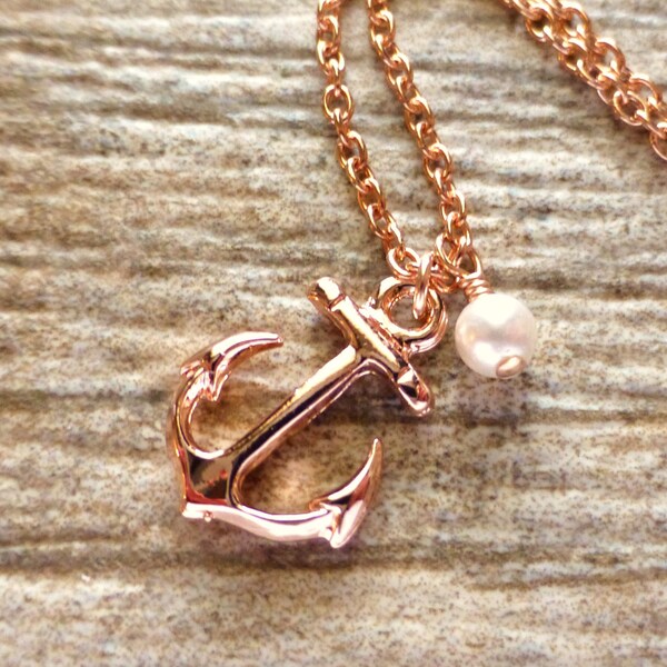 Rose Gold Anchor Charm Necklace, Nautical Pendant, w/ Swarovski White Pearl, Rose Gold Jewelry, Gift, Under 30, Ocean, Beach Jewelry